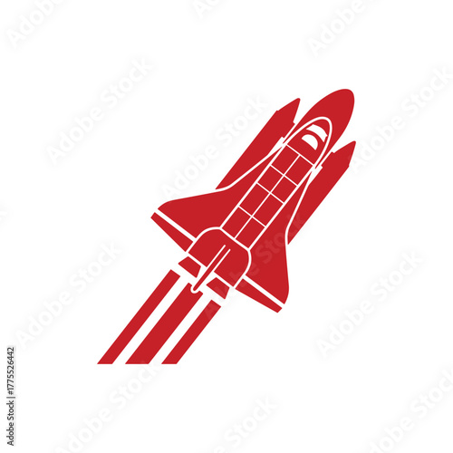 A vibrant red space shuttle icon soaring upwards with dynamic motion lines, symbolizing speed and exploration.