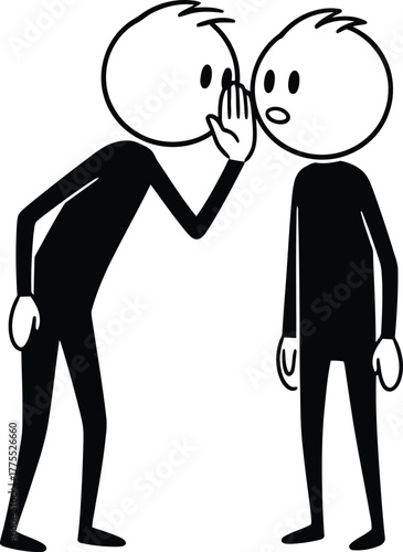 Two simple stick figures in black silhouette whispering secrets to each other in a white background