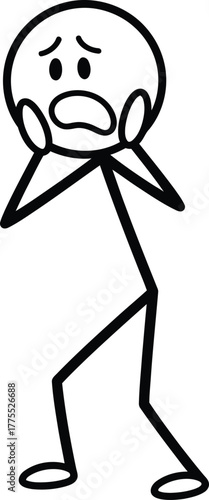 A simple stick figure character expressing shock and fear with wide eyes and hands on cheeks