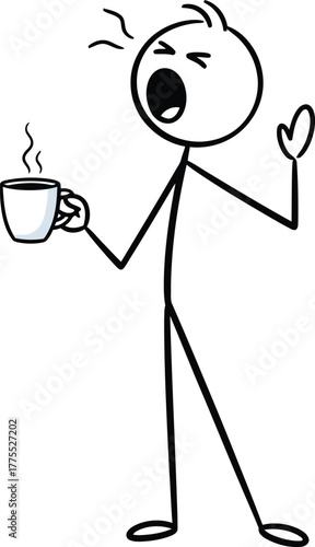 Tired stick figure yawning widely while holding a steaming cup of coffee in the morning