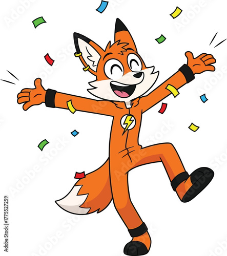 Joyful anthropomorphic fox character dancing and celebrating with confetti in a whimsical cartoon style