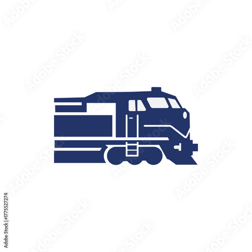 A detailed illustration of a dark blue train locomotive, showcasing its design and structure.