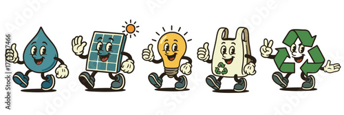 Cute retro eco mascots promoting sustainability with vintage cartoon style recycling and renewable energy icons
