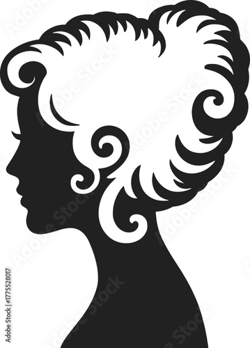 Elegant woman s face profile with voluminous hair black silhouette on transparent background