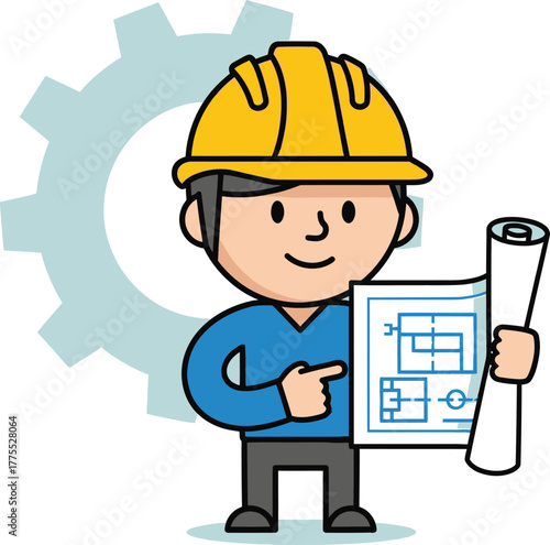 Cartoon construction worker in yellow hard hat holding blueprints with gear in background