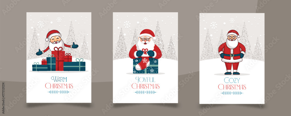 Obraz premium Charming set of three Christmas greeting cards Cheerful Santa Claus illustrations with various gifts stockings against a snowy winter forest backdrop. Perfect for holiday wishes and seasonal promotion