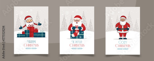 Charming set of three Christmas greeting cards Cheerful Santa Claus illustrations with various gifts stockings against a snowy winter forest backdrop. Perfect for holiday wishes and seasonal promotion