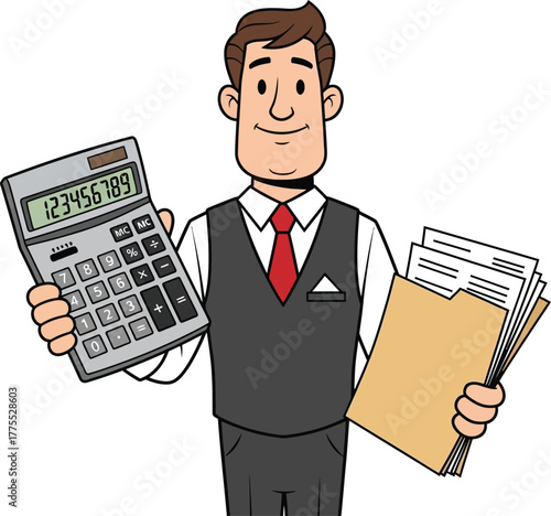Man in suit holding calculator and stack of money representing financial success and business