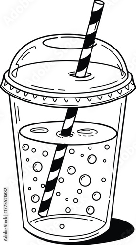 Plastic soda cup, striped straw, fizzy drink, bubbles rising, takeaway beverage, black and white illustration, refreshment, summer, sketch, icon