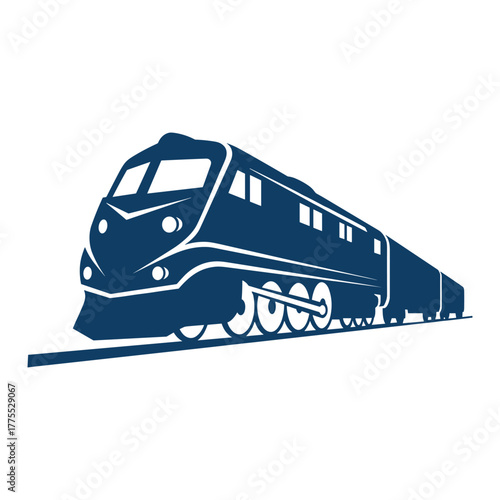 A stylized dark blue illustration of a modern locomotive pulling a freight train on railroad tracks.