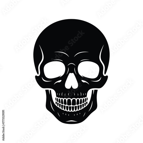 Black human skull with empty eye sockets and teeth