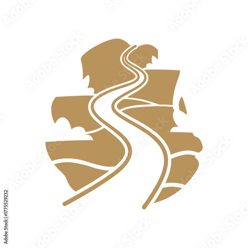 A stylized gold illustration of a winding road traversing through a mountainous and hilly landscape, depicting a journey or path.