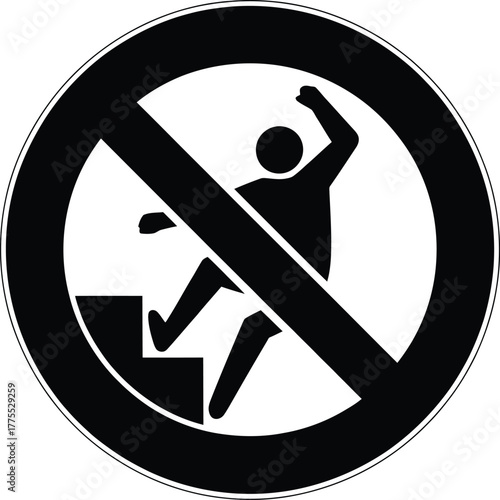 Prohibited Stair Hazard vector icon with black falling figure, diagonal line, and circular frame to warn against unsafe stairway behavior.
