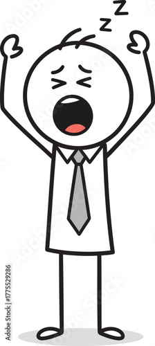 Exhausted stick figure businessman in a white shirt and tie yawning widely with eyes closed and zzzs above head
