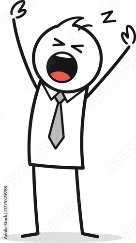 Exhausted stick figure businessman in a suit and tie yawning widely with arms raised in frustration