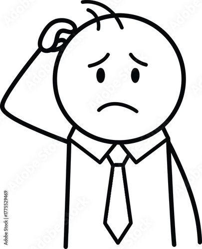 Confused stick figure man in a shirt and tie scratching his head with a worried expression