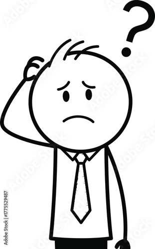 Confused stick figure businessman scratching head with question mark above representing uncertainty and doubt