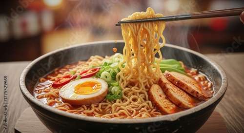 Steaming Bowl of Ramen: Noodles Lifted by Chopsticks, Delicious Japanese Cuisine.