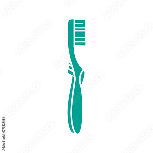 Illustration of a teal toothbrush with a curved handle and rectangular bristles.