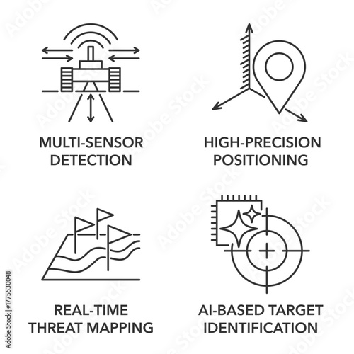 Demining automated robot icons set in thin line