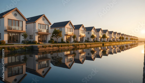 Stunning lakeside homes reflecting in tranquil water at sunset, embodying modern residential living and serene neighborhood charm perfect for real estate marketing