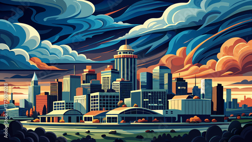 Very beautiful dramatic view of stormy clouds gathering over Kansas City, Missouri, USA, highlighting the skyline beneath a moody sky and the power of approaching weather.