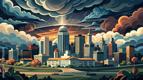 Very beautiful dramatic view of stormy clouds gathering over Kansas City, Missouri, USA, highlighting the skyline beneath a moody sky and the power of approaching weather.