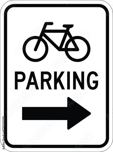 Bicycle parking direction vector sign with black bike icon, bold PARKING text, right arrow, and black border for urban navigation.