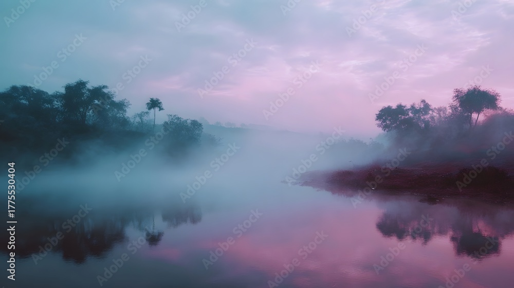 Obraz premium A serene landscape with misty water reflecting a soft pink and blue twilight sky