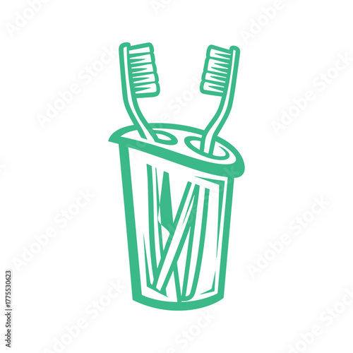 A green graphic illustration of two toothbrushes standing together in a cup holder.