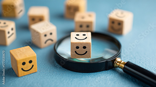 A magnifying glass is looking at a group of wooden blocks with faces on them
