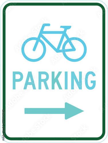 Bicycle parking direction vector sign with blue bike icon, bold PARKING text, right arrow, and green border for cyclist guidance.