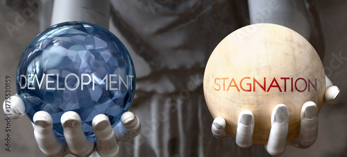 Development or Stagnation - decide between two options. Greek statue presenting a choice: development or stagnation, weighing their values. Looking at pros and cons.  ,3d illustration