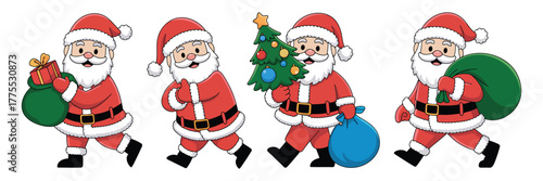 Cheerful Santa Claus illustrations set, depicting festive holiday scenes with jolly Father Christmas delivering presents, a decorated tree, and gift sacks, perfect for seasonal designs