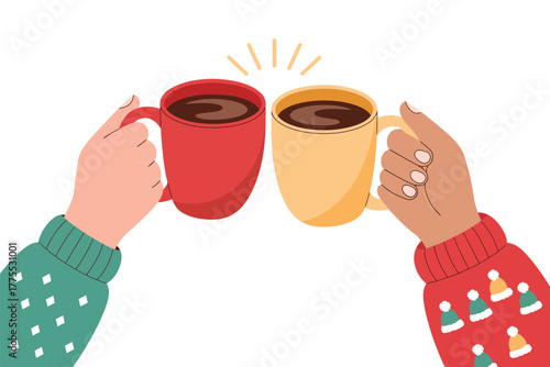 Coffee mugs together, wearing festive winter sweaters, celebrating a special moment with warmth and holiday cheer