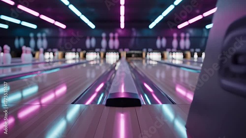 Bowling Alley Interior with Row of Colorful Bowling Balls and Glowing Neon Lights