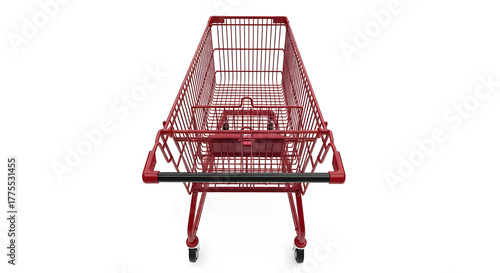 A Frontal View of a Red Metal Shopping Cart on a White Background