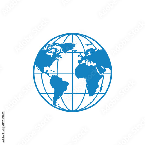 A stylized blue globe showing continents and lines of latitude and longitude on a white background.