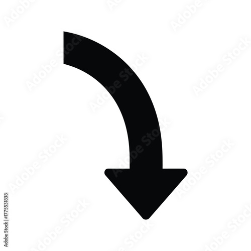 Curved arrow pointing downwards isolated on white background for navigation use transparent background