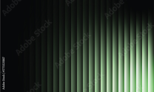 Green light shining through vertical blinds in a dark room