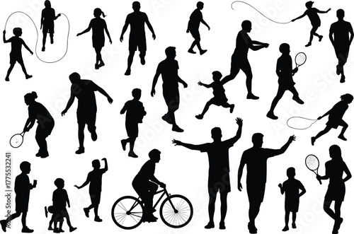 Silhouette, people, sports, fitness, children, adults, teamwork, outdoor, activity, running, cycling, tennis, jump rope, walking, play, motion, exercise, lifestyle, recreation, interaction