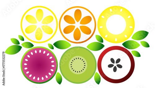 Bright and fresh vector illustration featuring colorful fruit slices, including lemon, orange, pineapple, kiwi, dragon fruit, and apple, arranged in a modern flat style with green leaves.