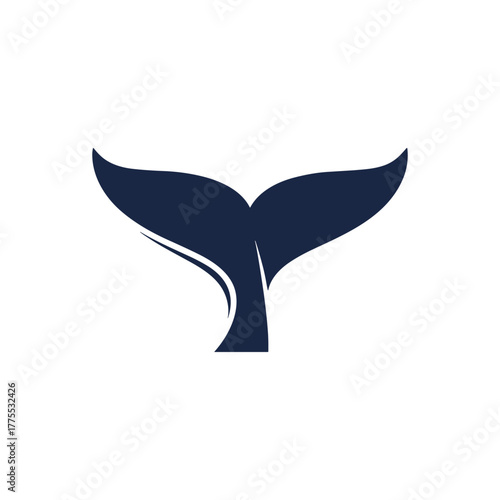 A dark blue whale tail fluke is depicted against a white background, symbolizing marine life and the ocean.