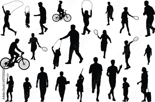 Silhouettes of children and adults, walking, running, biking, playing, jumping rope, active lifestyle, outdoor fun, family moments, teamwork