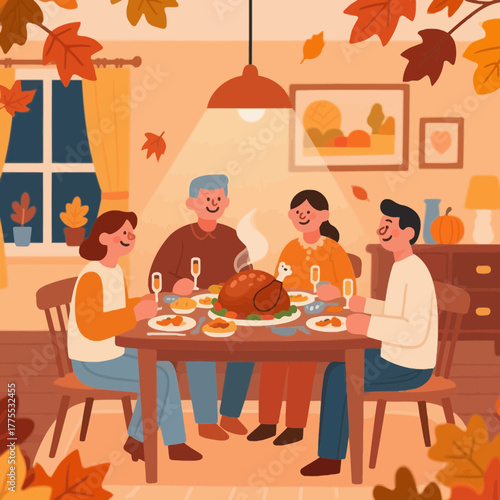 Happy multigenerational family enjoying Thanksgiving dinner together at home with a roasted turkey on the table