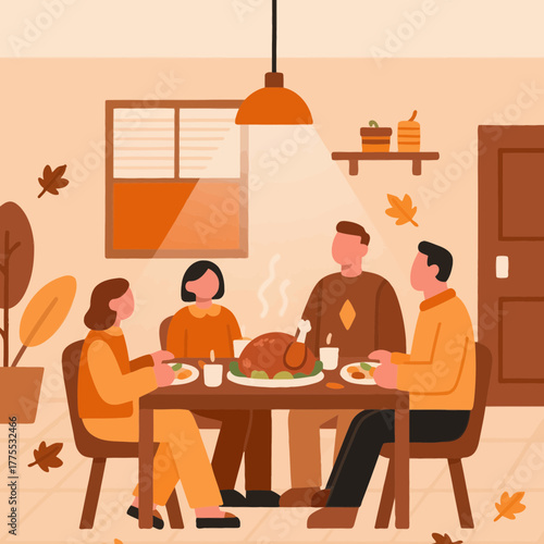 Happy multigenerational family enjoying Thanksgiving dinner together at home with a roasted turkey on the table