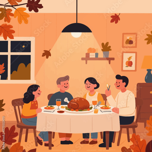 Happy multigenerational family enjoying Thanksgiving dinner together at home with a roasted turkey on the table