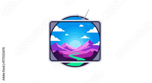 Illustration of a colorful mountain landscape displayed on a vintage television screen with a white background.