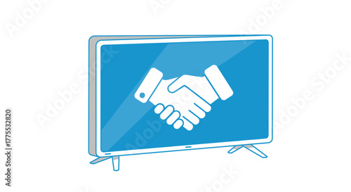 Illustration of a handshake on a television screen with a blue background and white outline, symbolizing business partnership or agreement.