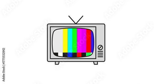 A simple line drawing of a vintage television set displaying a static screen with multicolored bars on a white background.